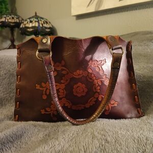 Brown Leather Floral Handbag